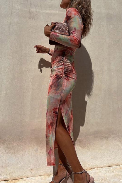 Mesh Overlay Tie Dye Print Long Sleeve Ruched Stretch Midi Dress - Seldom Seen Styles