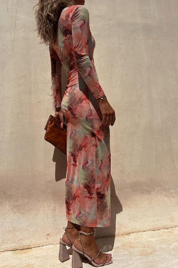 Mesh Overlay Tie Dye Print Long Sleeve Ruched Stretch Midi Dress - Seldom Seen Styles
