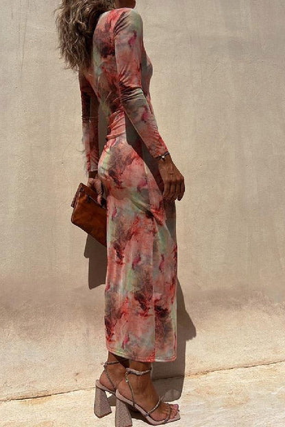 Mesh Overlay Tie Dye Print Long Sleeve Ruched Stretch Midi Dress - Seldom Seen Styles