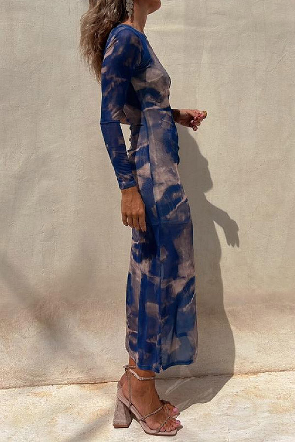Mesh Overlay Tie Dye Print Long Sleeve Ruched Stretch Midi Dress - Seldom Seen Styles