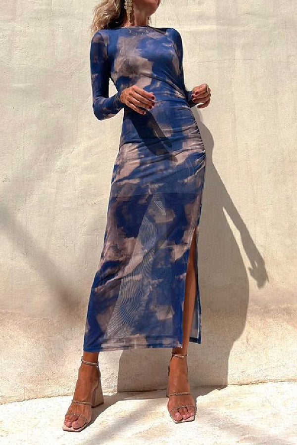 Mesh Overlay Tie Dye Print Long Sleeve Ruched Stretch Midi Dress - Seldom Seen Styles