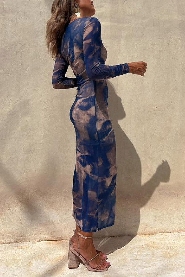 Mesh Overlay Tie Dye Print Long Sleeve Ruched Stretch Midi Dress - Seldom Seen Styles
