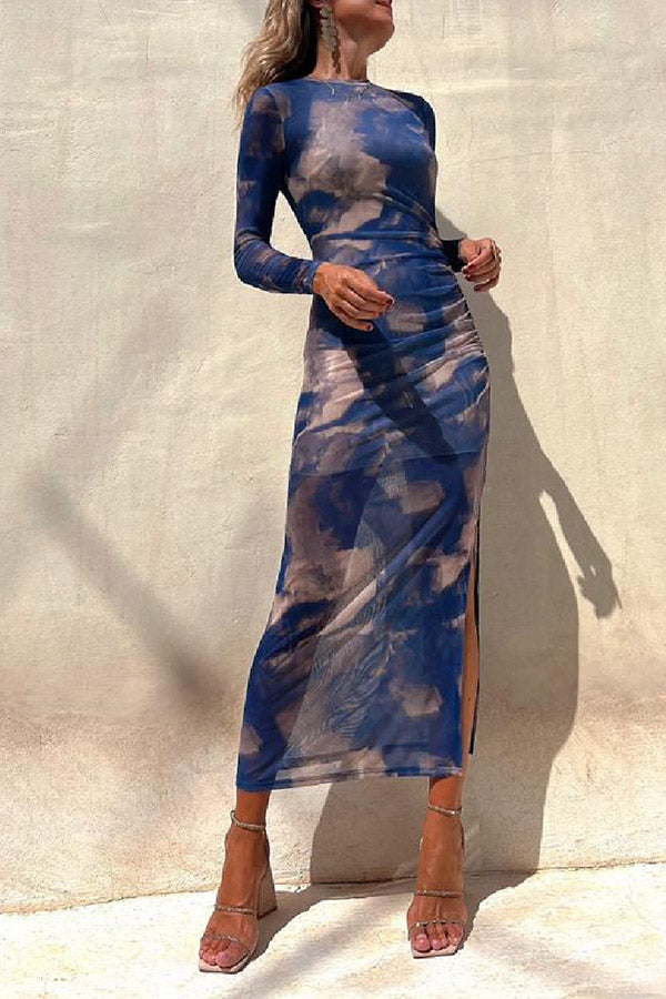 Mesh Overlay Tie Dye Print Long Sleeve Ruched Stretch Midi Dress - Seldom Seen Styles