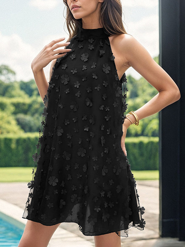 Mesh Solid Color Split-Joint Three-Dimensional Flower A-line Sleeveless Halter-Neck Mini Dresses - Seldom Seen Styles