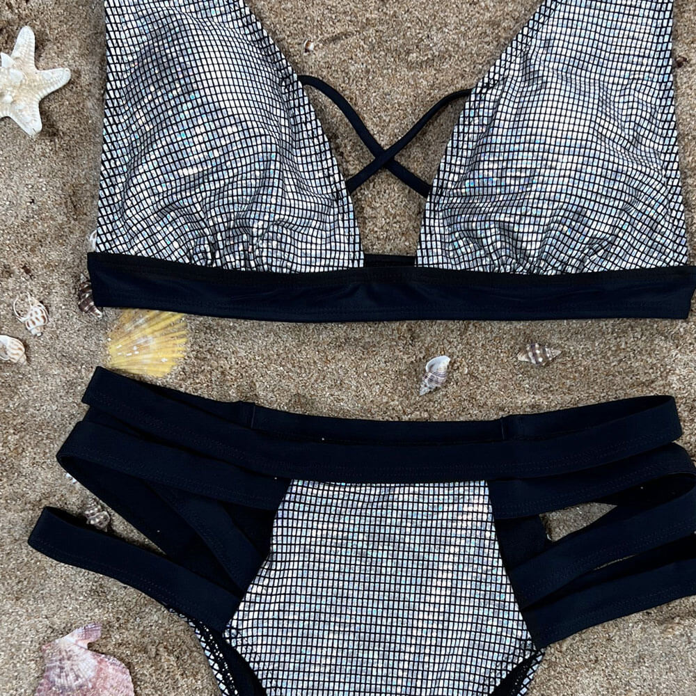 Metallic Gingham Cutout High Waist Triangle Brazilian Two Piece Bikini Swimsuit - Seldom Seen Styles