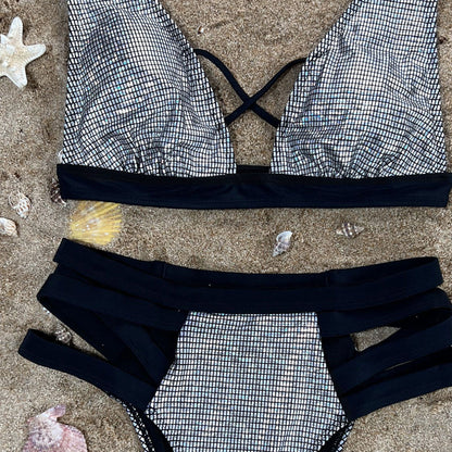 Metallic Gingham Cutout High Waist Triangle Brazilian Two Piece Bikini Swimsuit - Seldom Seen Styles