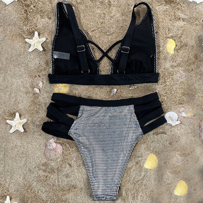 Metallic Gingham Cutout High Waist Triangle Brazilian Two Piece Bikini Swimsuit - Seldom Seen Styles