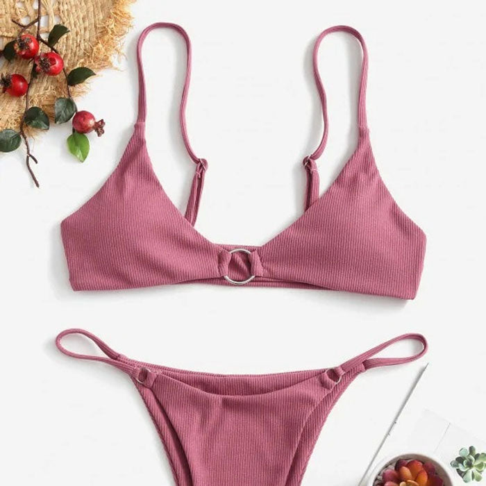 Metallic O Ring Ribbed String Bralette Brazilian Two Piece Bikini Swimsuit - Seldom Seen Styles