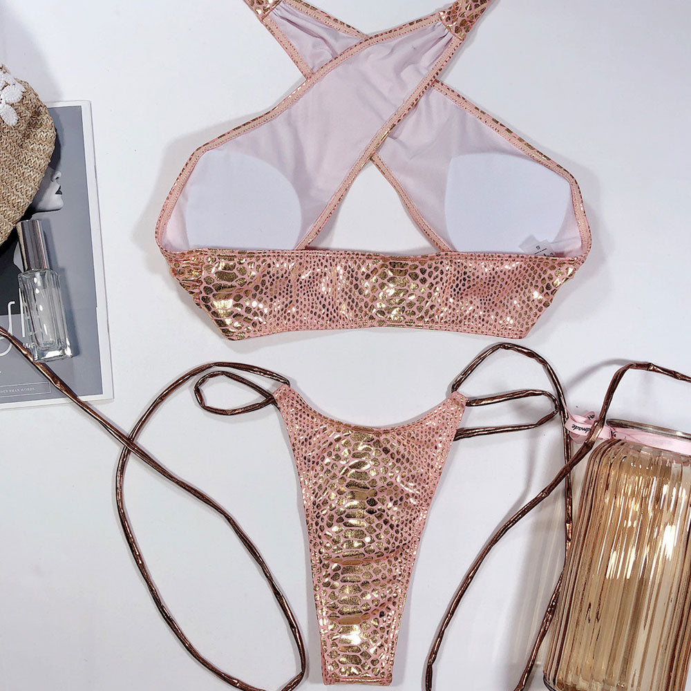 Metallic Print Cross Wrap Halter Tie String Brazilian Two Piece Bikini Swimsuit - Seldom Seen Styles
