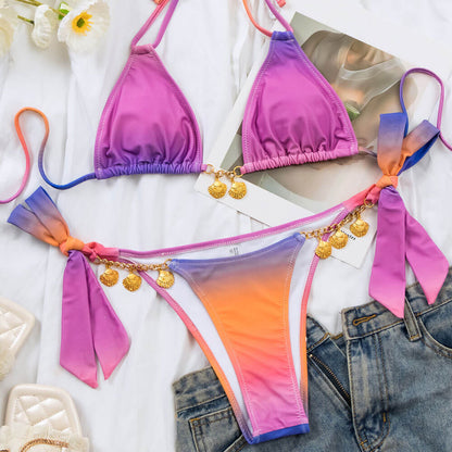 Metallic Shell Chain Gradient Triangle Brazilian Two Piece Bikini Swimsuit - Seldom Seen Styles