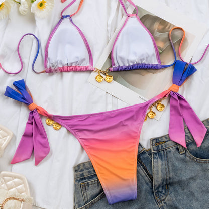 Metallic Shell Chain Gradient Triangle Brazilian Two Piece Bikini Swimsuit - Seldom Seen Styles