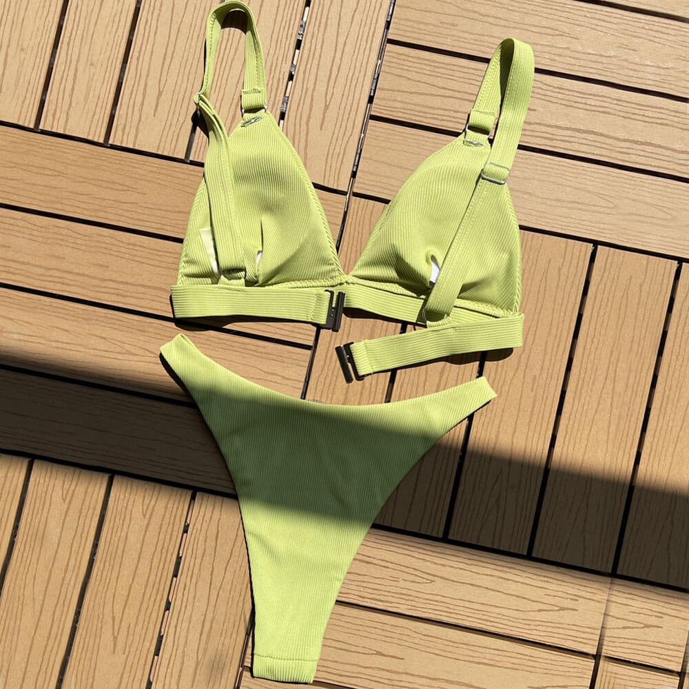 Minimalist Ribbed High Cut O Ring Triangle Brazilian Two Piece Bikini Swimsuit - Seldom Seen Styles