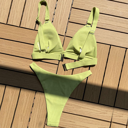 Minimalist Ribbed High Cut O Ring Triangle Brazilian Two Piece Bikini Swimsuit - Seldom Seen Styles