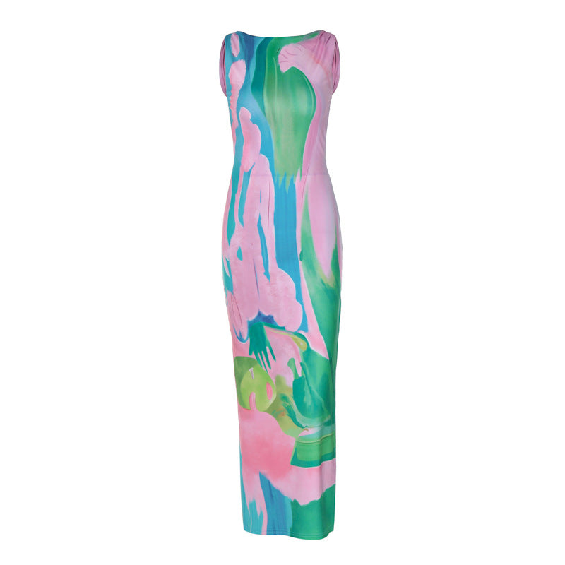 Monet Garden Print Sleeveless Long Dress Backless Side Slit  Dress - Seldom Seen Styles