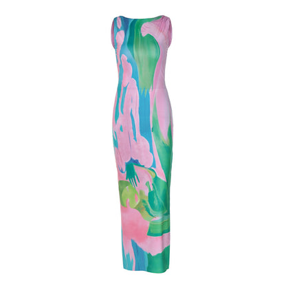 Monet Garden Print Sleeveless Long Dress Backless Side Slit  Dress - Seldom Seen Styles