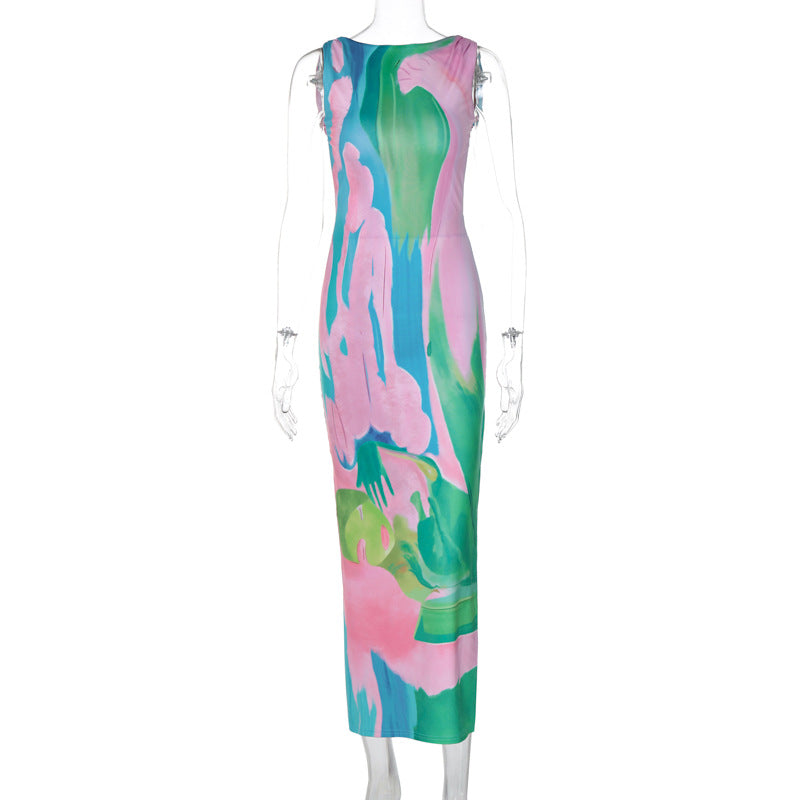 Monet Garden Print Sleeveless Long Dress Backless Side Slit  Dress - Seldom Seen Styles