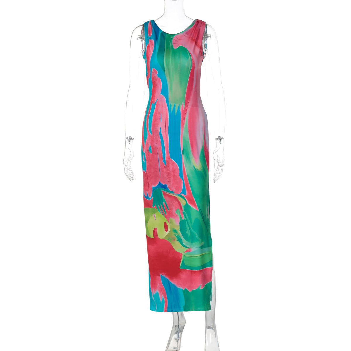 Monet Garden Print Sleeveless Long Dress Backless Side Slit  Dress - Seldom Seen Styles