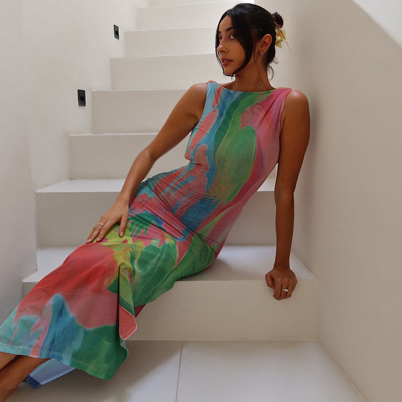 Monet Garden Print Sleeveless Long Dress Backless Side Slit  Dress - Seldom Seen Styles