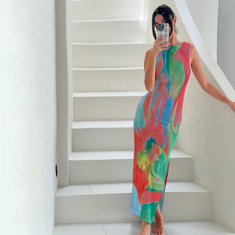 Monet Garden Print Sleeveless Long Dress Backless Side Slit  Dress - Seldom Seen Styles