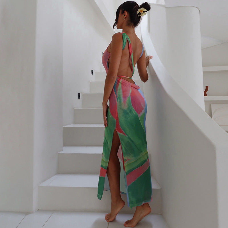 Monet Garden Print Sleeveless Long Dress Backless Side Slit  Dress - Seldom Seen Styles