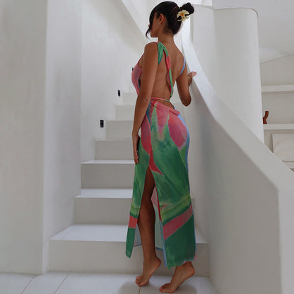 Monet Garden Print Sleeveless Long Dress Backless Side Slit  Dress - Seldom Seen Styles