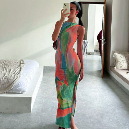 Monet Garden Print Sleeveless Long Dress Backless Side Slit  Dress - Seldom Seen Styles