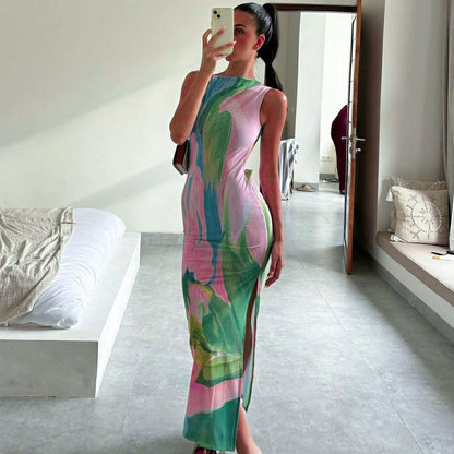 Monet Garden Print Sleeveless Long Dress Backless Side Slit  Dress - Seldom Seen Styles