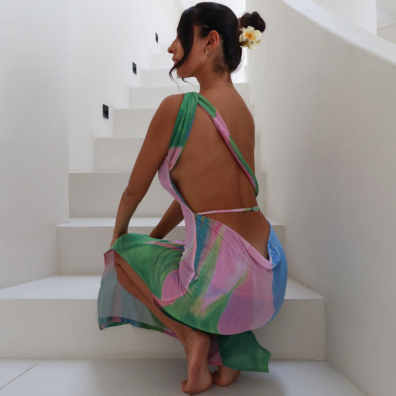 Monet Garden Print Sleeveless Long Dress Backless Side Slit  Dress - Seldom Seen Styles