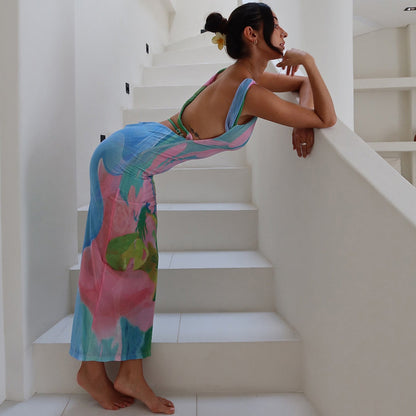 Monet Garden Print Sleeveless Long Dress Backless Side Slit  Dress - Seldom Seen Styles