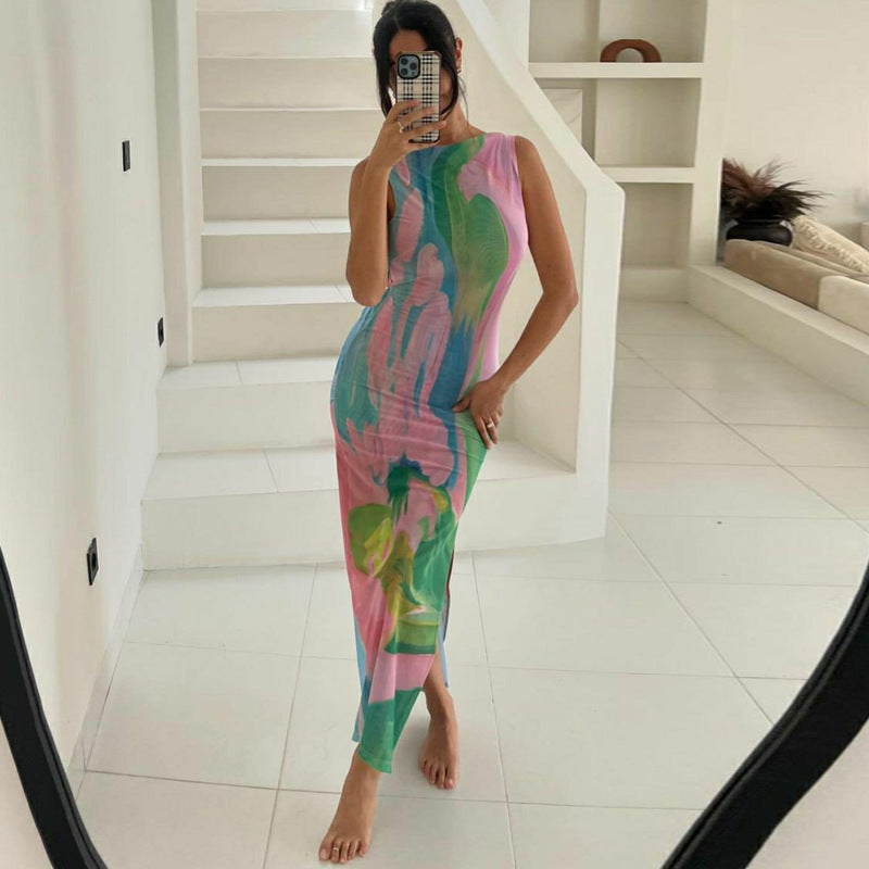 Monet Garden Print Sleeveless Long Dress Backless Side Slit  Dress - Seldom Seen Styles