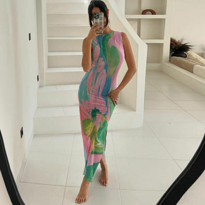 Monet Garden Print Sleeveless Long Dress Backless Side Slit  Dress - Seldom Seen Styles