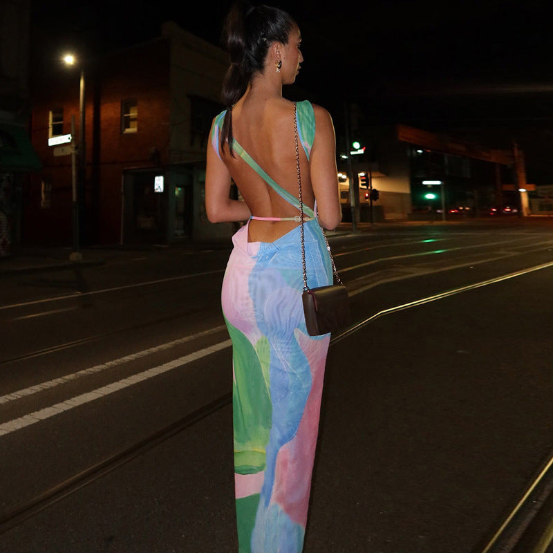 Monet Garden Print Sleeveless Long Dress Backless Side Slit  Dress - Seldom Seen Styles