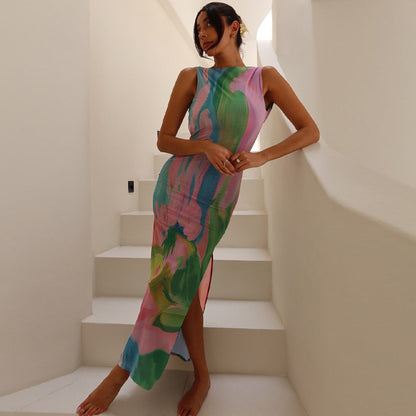 Monet Garden Print Sleeveless Long Dress Backless Side Slit  Dress - Seldom Seen Styles