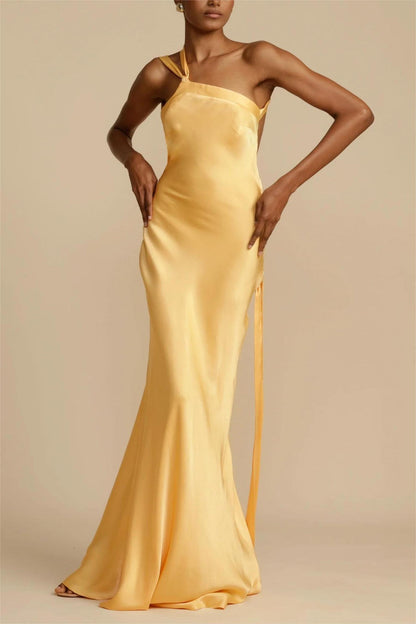 Moonlit Soiree Satin Asymmetrical One Shouder Backless Strap Maxi Dress - Seldom Seen Styles