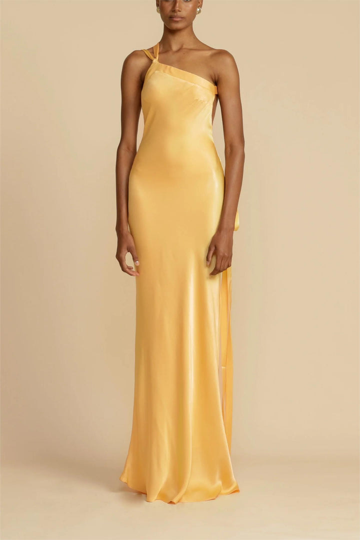 Moonlit Soiree Satin Asymmetrical One Shouder Backless Strap Maxi Dress - Seldom Seen Styles