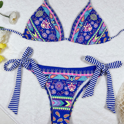 Nautical Floral Tie Side Cheeky Slide Triangle Brazilian Two Piece Bikini Swimsuit - Seldom Seen Styles