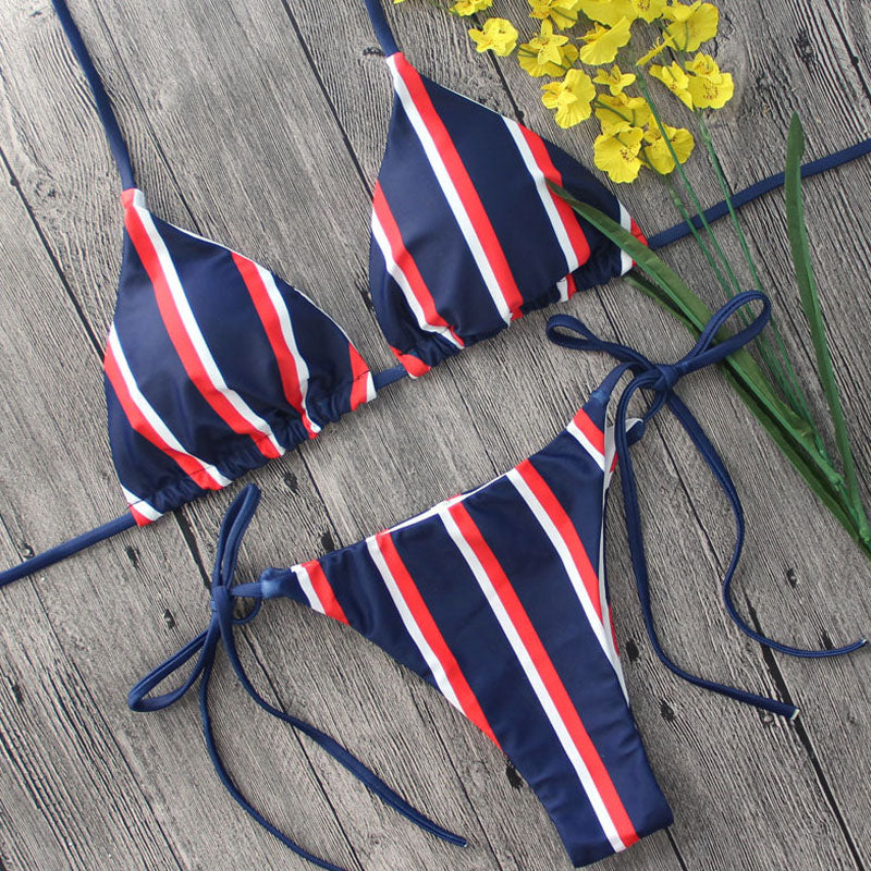Nautical Striped Slide Triangle String Brazilian Two Piece Bikini Swimsuit - Seldom Seen Styles