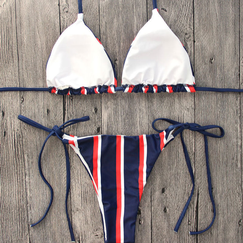Nautical Striped Slide Triangle String Brazilian Two Piece Bikini Swimsuit - Seldom Seen Styles