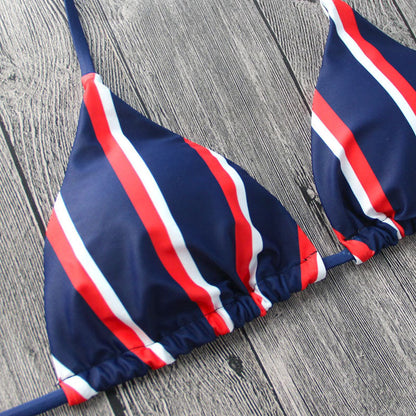 Nautical Striped Slide Triangle String Brazilian Two Piece Bikini Swimsuit - Seldom Seen Styles