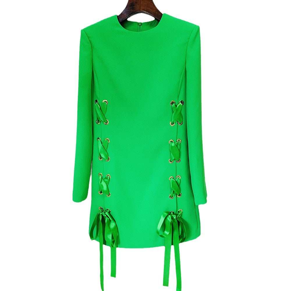 Neela Bowknot Mini Dress  Tie Casual Round Neck Long Sleeve Dress - Seldom Seen Styles