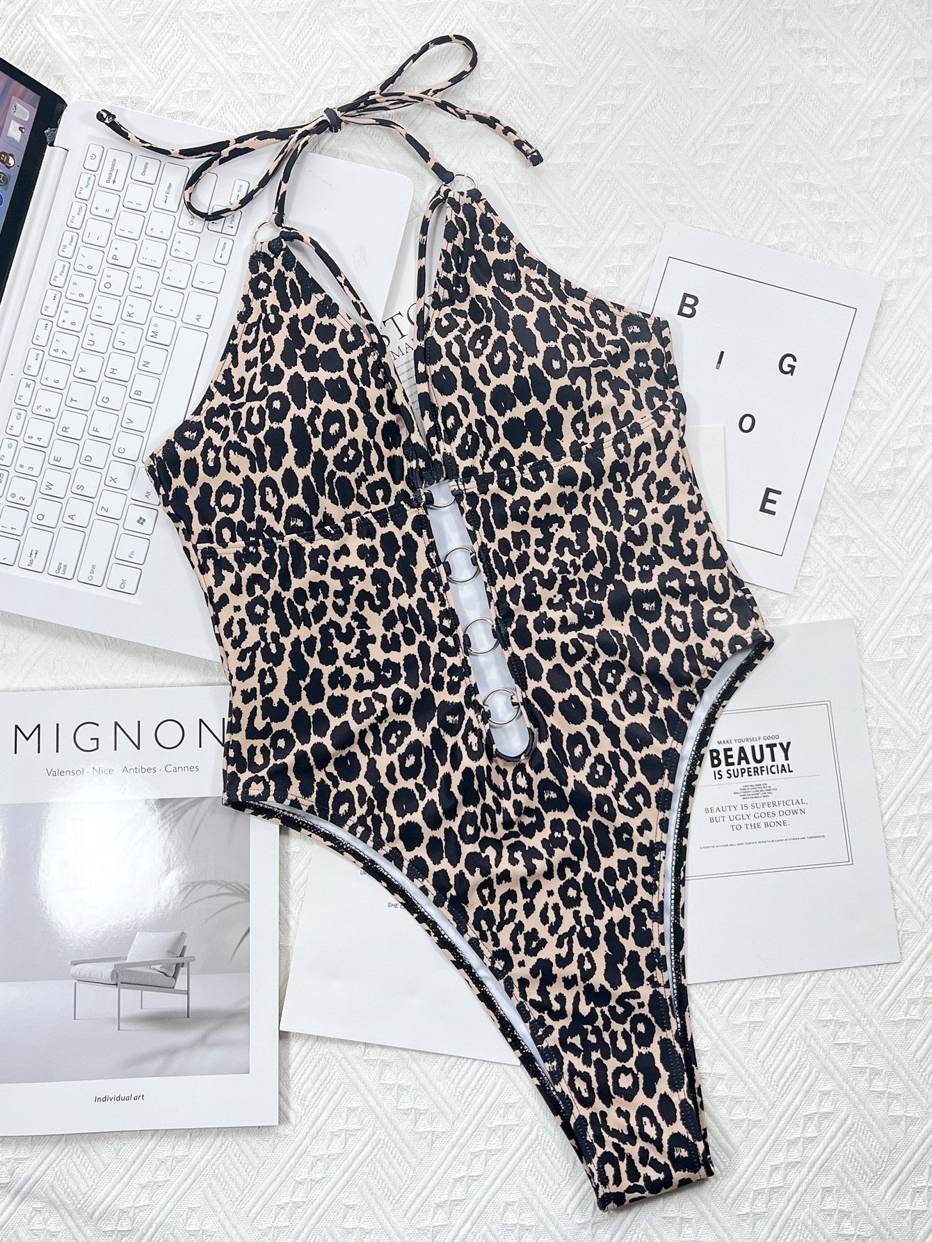 New One-Piece Bikini bikini Leopard Print Hollow Out Tie One-Piece Swimsuit - Seldom Seen Styles