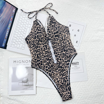 New One-Piece Bikini bikini Leopard Print Hollow Out Tie One-Piece Swimsuit - Seldom Seen Styles