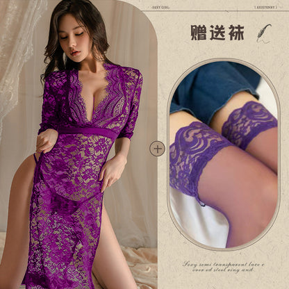 New Sexy Lingerie Lace Temptation Long Dress Hot Side Slit Slim Fit Uniform Pajamas for Women - Seldom Seen Styles