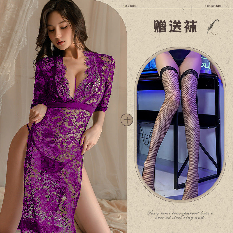 New Sexy Lingerie Lace Temptation Long Dress Hot Side Slit Slim Fit Uniform Pajamas for Women - Seldom Seen Styles