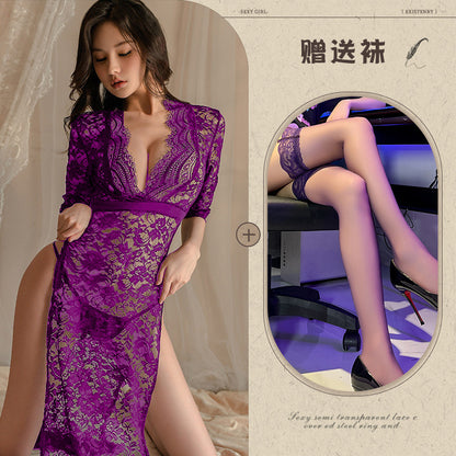 New Sexy Lingerie Lace Temptation Long Dress Hot Side Slit Slim Fit Uniform Pajamas for Women - Seldom Seen Styles