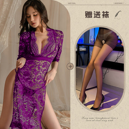 New Sexy Lingerie Lace Temptation Long Dress Hot Side Slit Slim Fit Uniform Pajamas for Women - Seldom Seen Styles