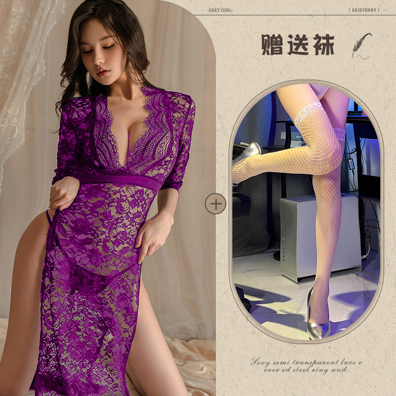 New Sexy Lingerie Lace Temptation Long Dress Hot Side Slit Slim Fit Uniform Pajamas for Women - Seldom Seen Styles