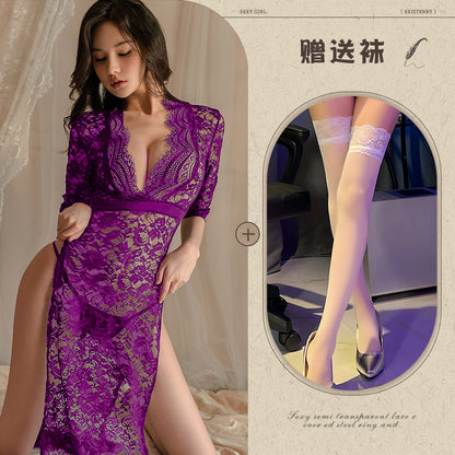 New Sexy Lingerie Lace Temptation Long Dress Hot Side Slit Slim Fit Uniform Pajamas for Women - Seldom Seen Styles
