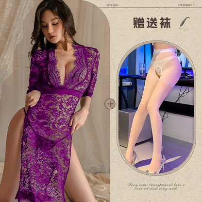 New Sexy Lingerie Lace Temptation Long Dress Hot Side Slit Slim Fit Uniform Pajamas for Women - Seldom Seen Styles