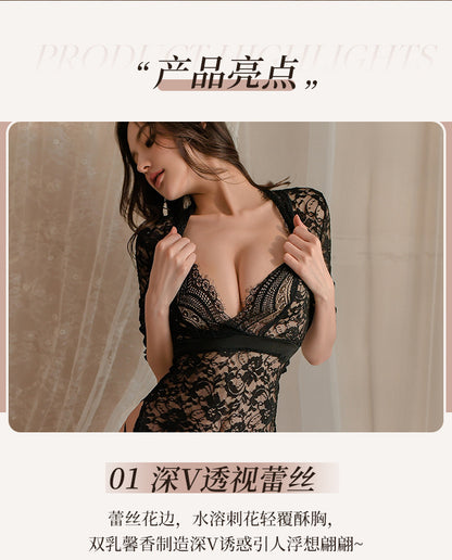 New Sexy Lingerie Lace Temptation Long Dress Hot Side Slit Slim Fit Uniform Pajamas for Women - Seldom Seen Styles